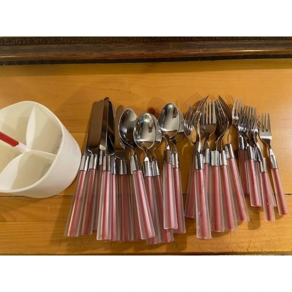 Ikea Ivar Ledang Skymta Red Acrylic 24pc Flatware Set And Holder Stainless Steel
